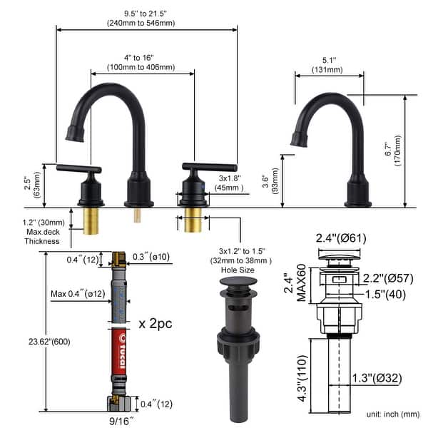 dimension image slide 3 of 5, WOWOW 8 in. Widespread Double-Handle Bathroom Faucet with Drain Kit
