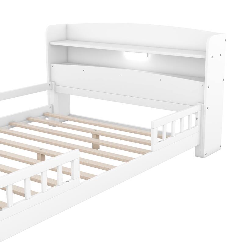 Twin/Full Platform Bed with Storage Headboard & Built-in LED Light, Solid Wood Bed Frame with Guardrail, No Box Spring Needed