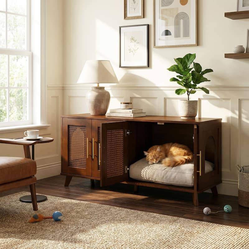 Christopher Knight Home - 47"W Rubber Wood Cat Cabinet with Rattan Doors & Cushion - Walnut