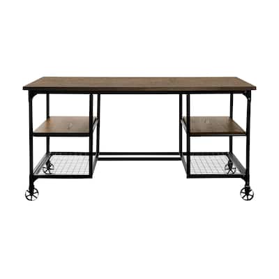 Modern Traditional Aesthetic 1pc Writing Desk with 4x Shelves Metal Casters Natural Finish and Rustic Black Metal Finish