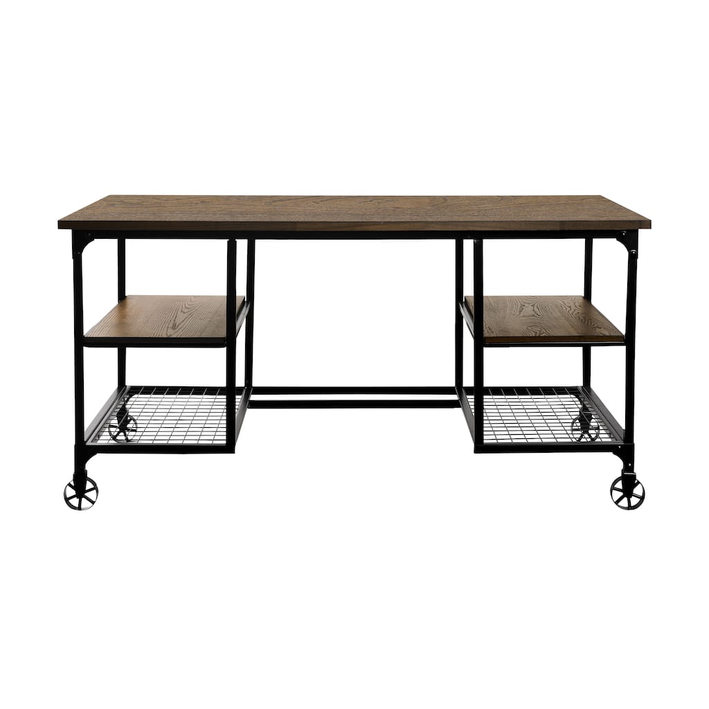 Modern Traditional Aesthetic 1pc Writing Desk with 4x Shelves Metal Casters Natural Finish and Rustic Black Metal Finish