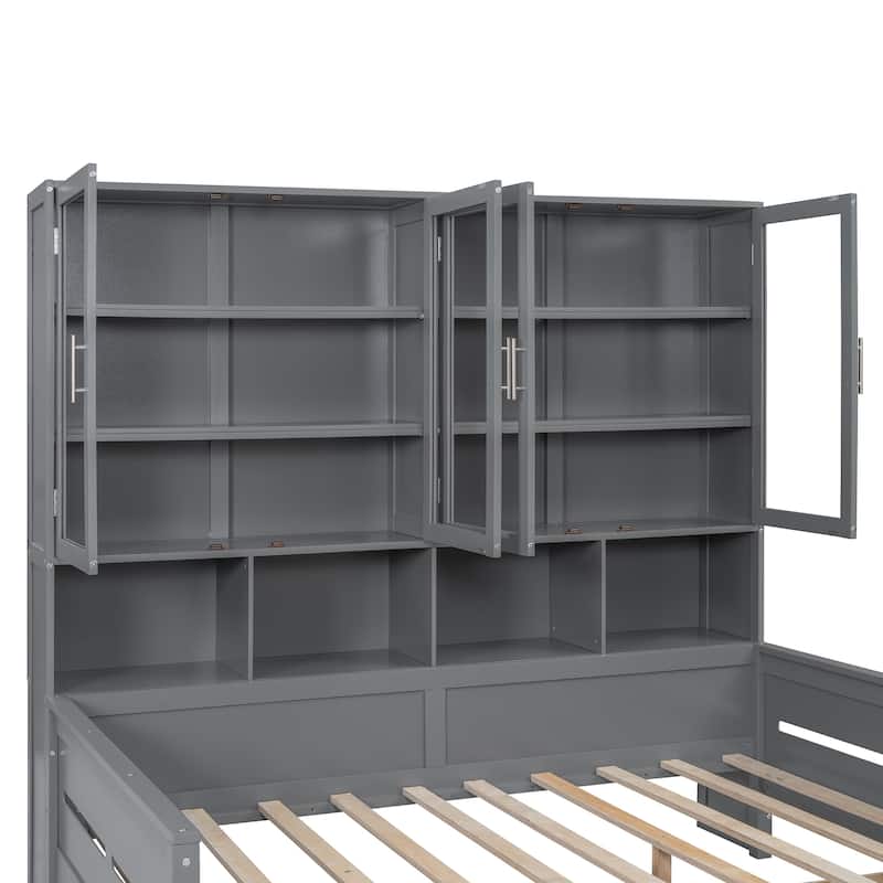 Full Size Wooden Daybed with Glass-Door Storage Cabinets, Built-in LED Lighting and Shelves, Gray