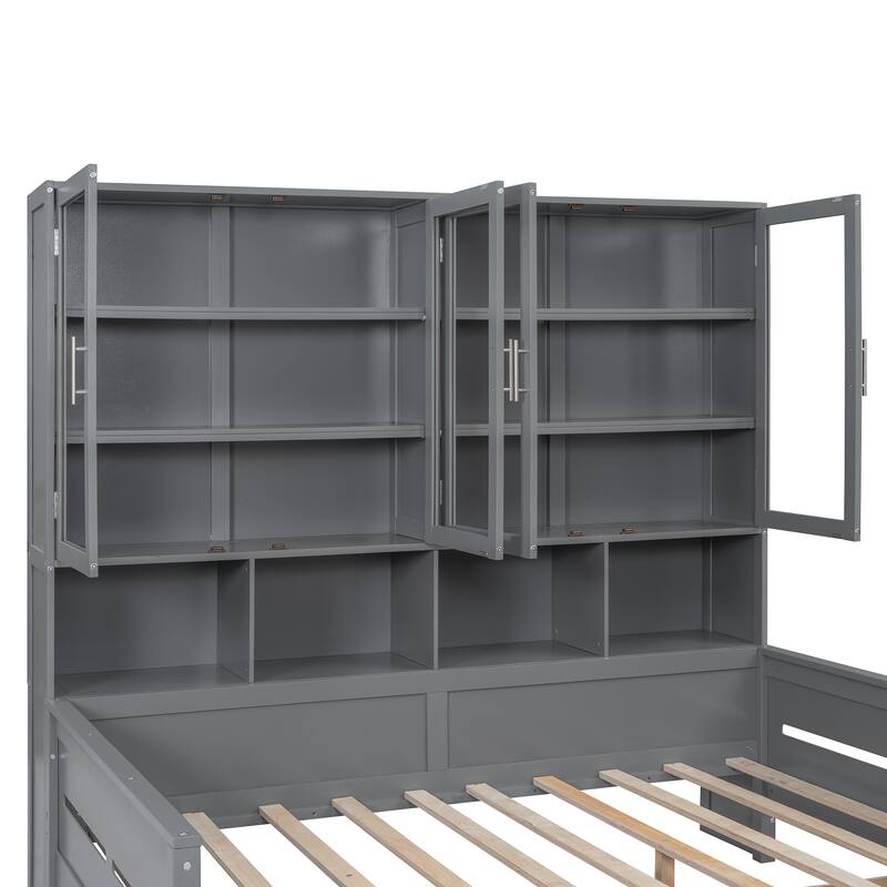 Wooden Daybed with Glass-Door Storage Cabinets, Built-in LED Lighting and Shelves