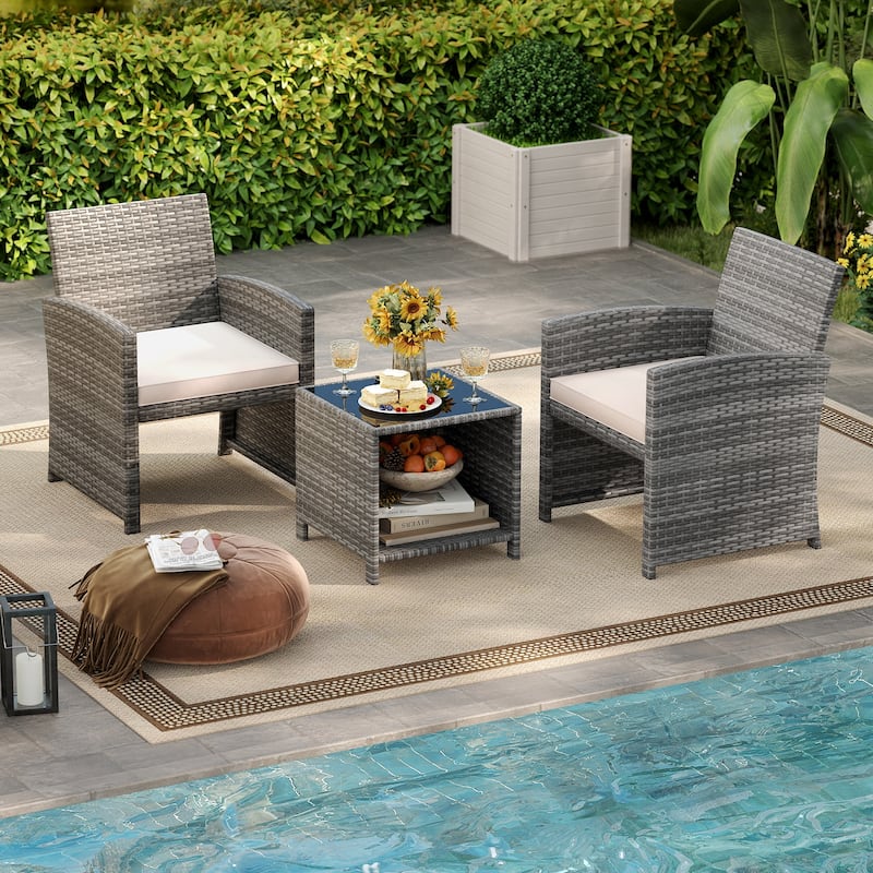 Gymax 3 Pieces Patio Furniture Set PE Rattan Chairs Set w/ Storage - White