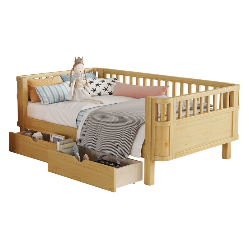 Twin Size Wood Platform Bed for Kids, Wood Low Profile Twin Bed with Rails for Girls and Boys