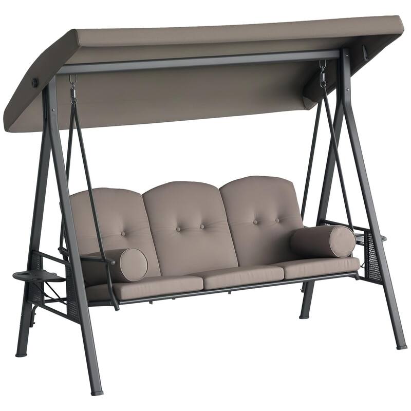 Outsunny Outdoor Patio 3-Person Canopy Cushioned Seat Bench Swing with Included Side Trays & Padded Comfort