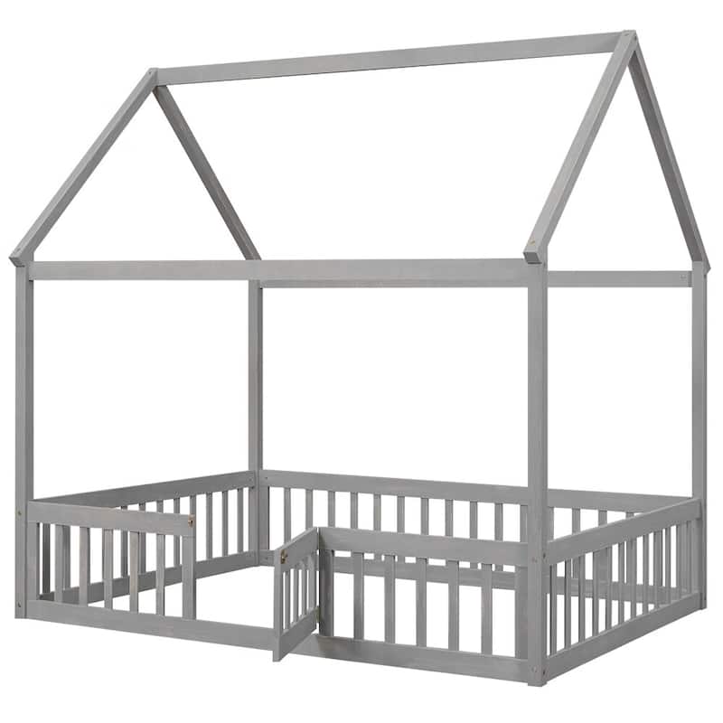 Merax Wood House Bed with Fence and Door
