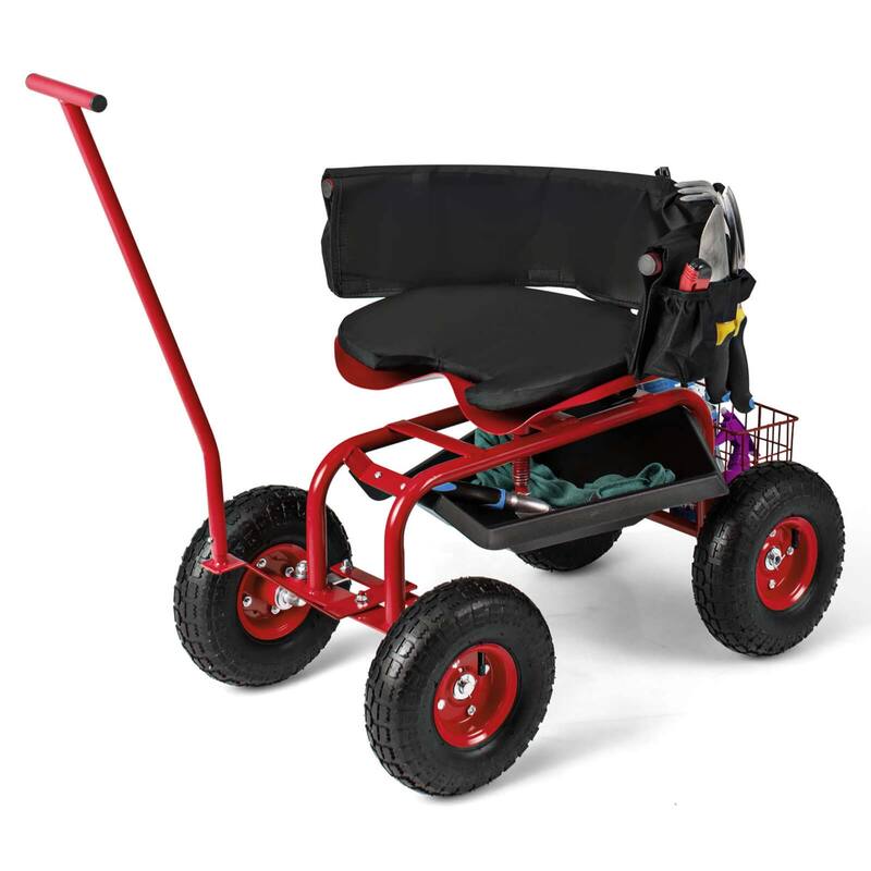 Costway Rolling Garden Cart Outdoor Gardening Workseat withAdjustable - See Details - Red