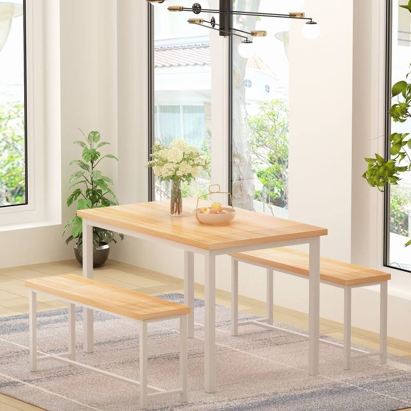Eureka Industrial 3-piece Dining Set, Modern Kitchen Dining Table with Two Benches for Home, Kitchen, Dining Room, Bar