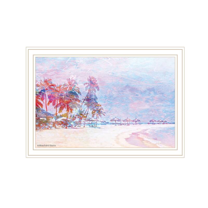 TrendyDecor4U Contemporary "Rainbow Bright Sandy Beach with Umbrellas" Framed Print Wall Art - Multi