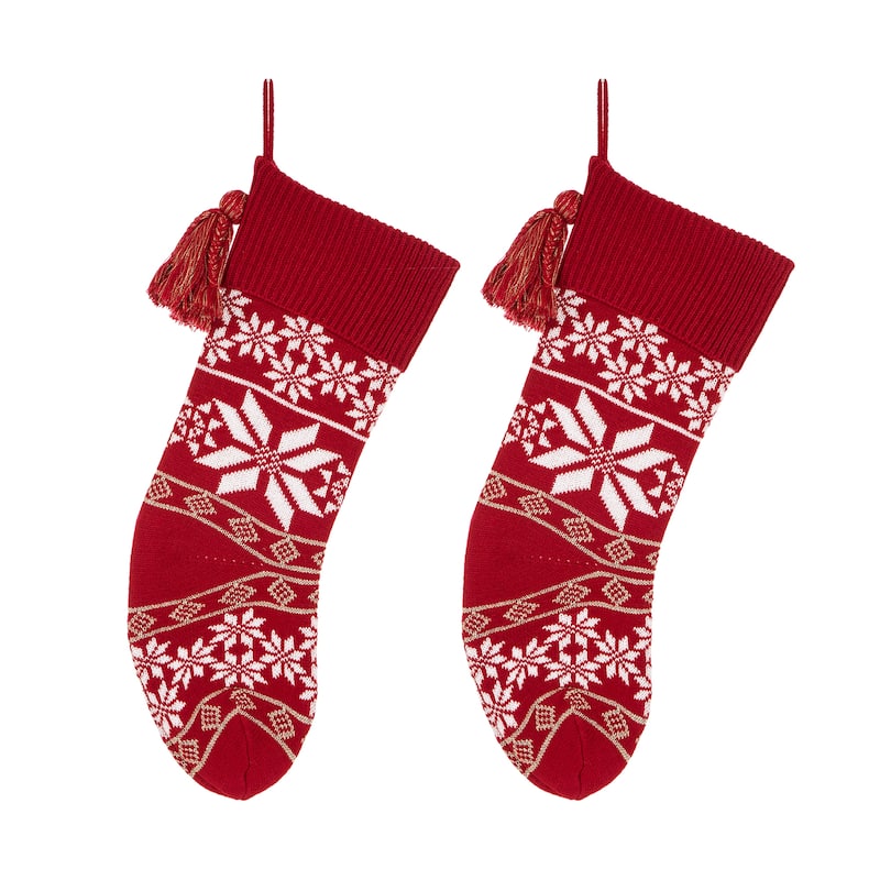 Glitzhome 24"L Knitted Christmas Stocking With Pom Pom Ball - Set of 2 Snowflake