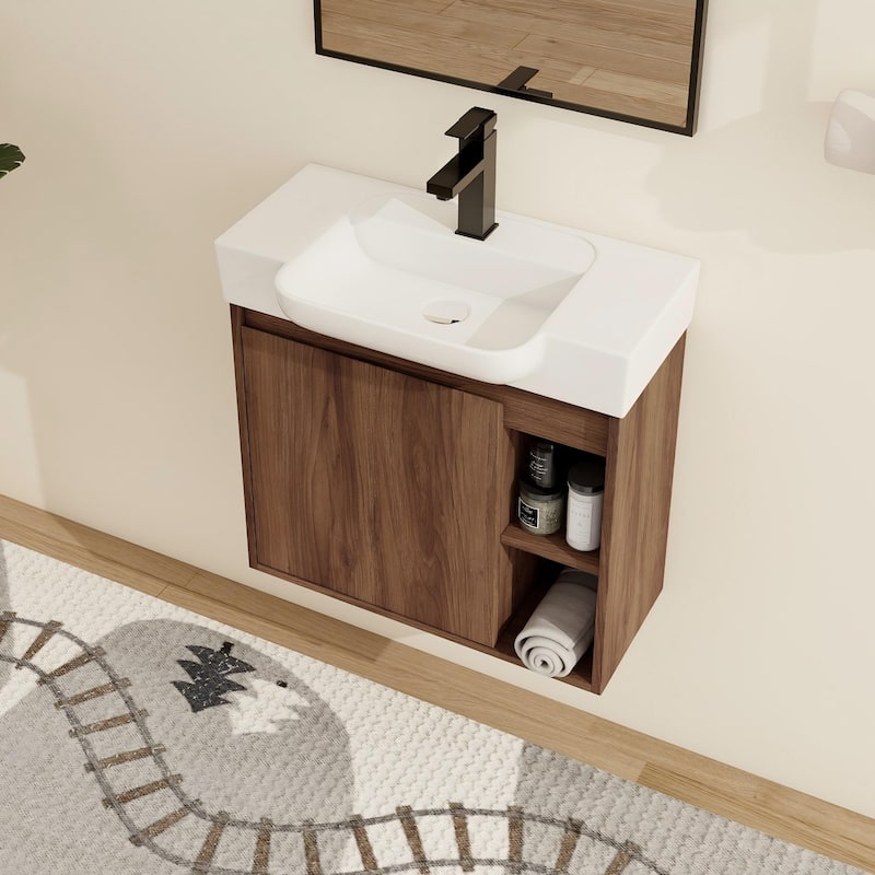 Malwee 24"/28" Floating Bathroom Vanity,Wall Mounted Bathroom Vanity with Ceramic Sink and Soft Close Door - Brown - 24"×13"