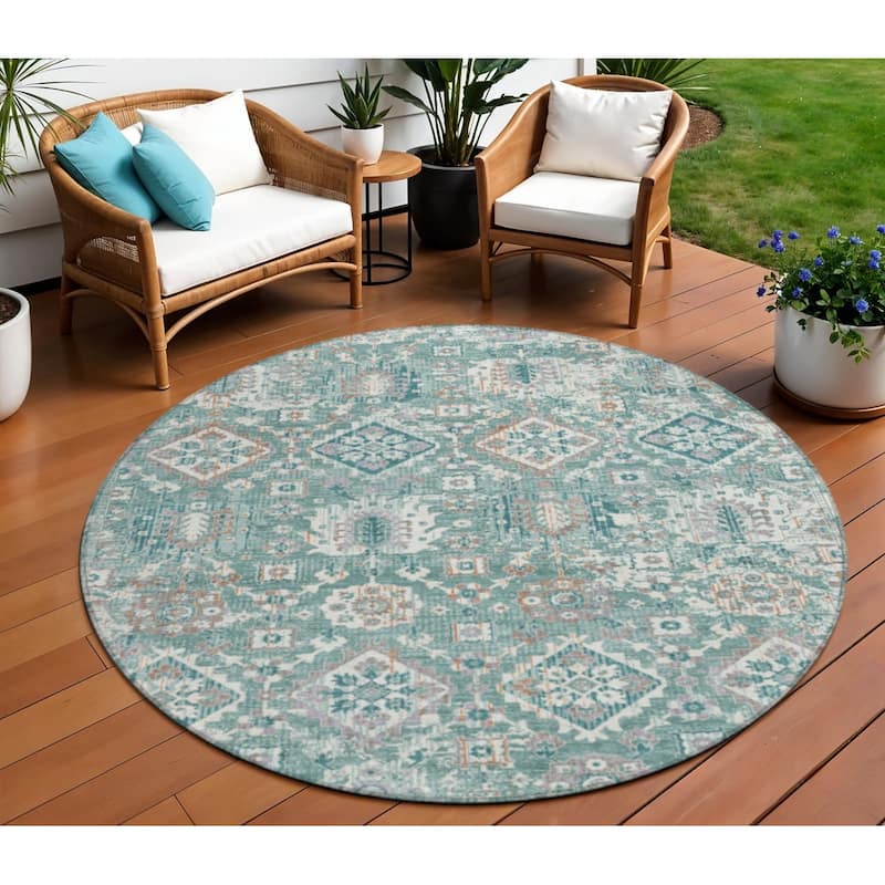HomeRoots Floral Medallion Traditional Rectangle Outdoor Rug - 8' Round