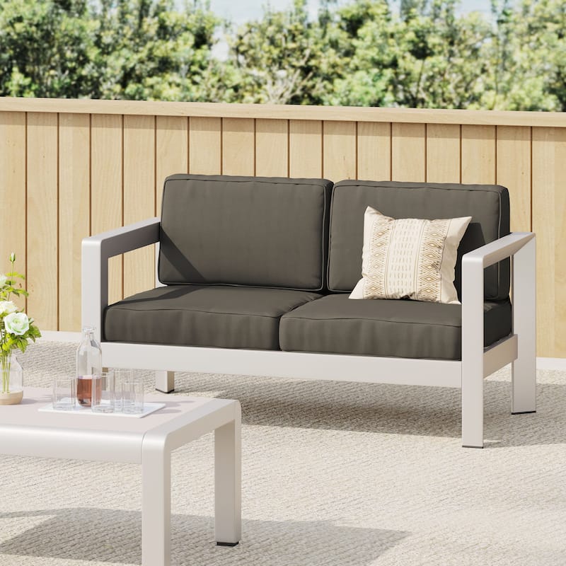 Roomfitters Aviara Outdoor Aluminum Loveseat with Deep Seating, Modern Silver Finish - Silver