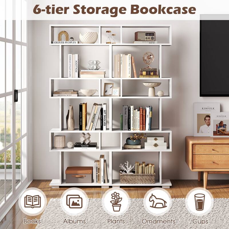 Costway 6-tier Storage Bookshelf S-shaped Geometric Bookcase with - See Details