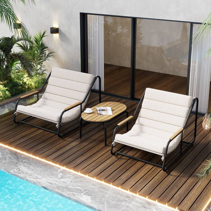 Set of 3 Patio Chaise Lounge Chair with Acacia Side Table