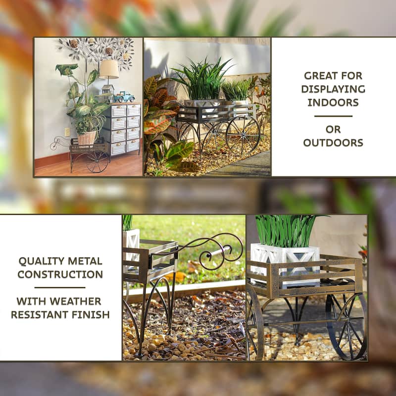 Zeckos 26 Inch Brown Metal Wagon Cart Plant Stand Indoor/ Outdoor - 14.75 X 25.5 X 14.25 inches