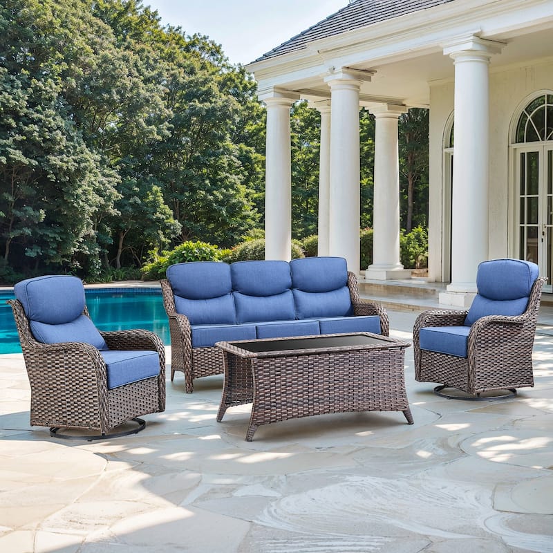 Gymojoy 4-Piece Patio Furniture Set with Swivel Glider Chairs, 6-Inch Ultra-Plush Cushions & Water-Resistant Olefin Fabric - Brown Wicker / Blue Cusion - 4-Piece