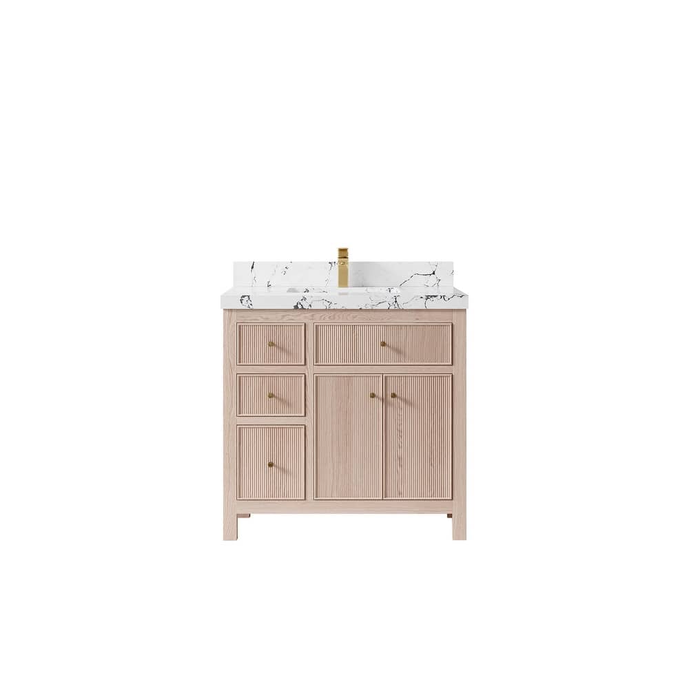 Willow Collections 36 x 22 Sonoma Oak Wood Center Sink Right Bathroom Vanity with Quartz or Marble Countertop