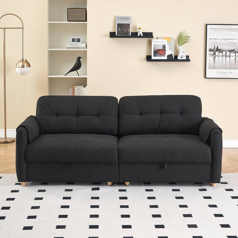 79.50 inches long, Teddy Cotton Linen Sofa Fabric, with metal conical long legs, metal strip matching, stylish and simple - Black