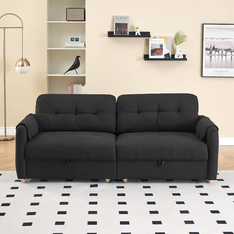 Teddy Cotton Linen Fabric Sofa with Built-in Storage - Black