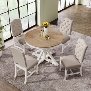 Round 5-Piece Wood Extendable Dining Table Set with Fabric Upholstered ...