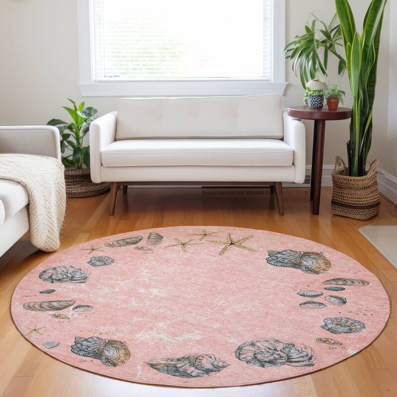 Premium Washable Super Soft Coastal Shell Border Mayfield Rug - Peach - 8' x 8' - Round