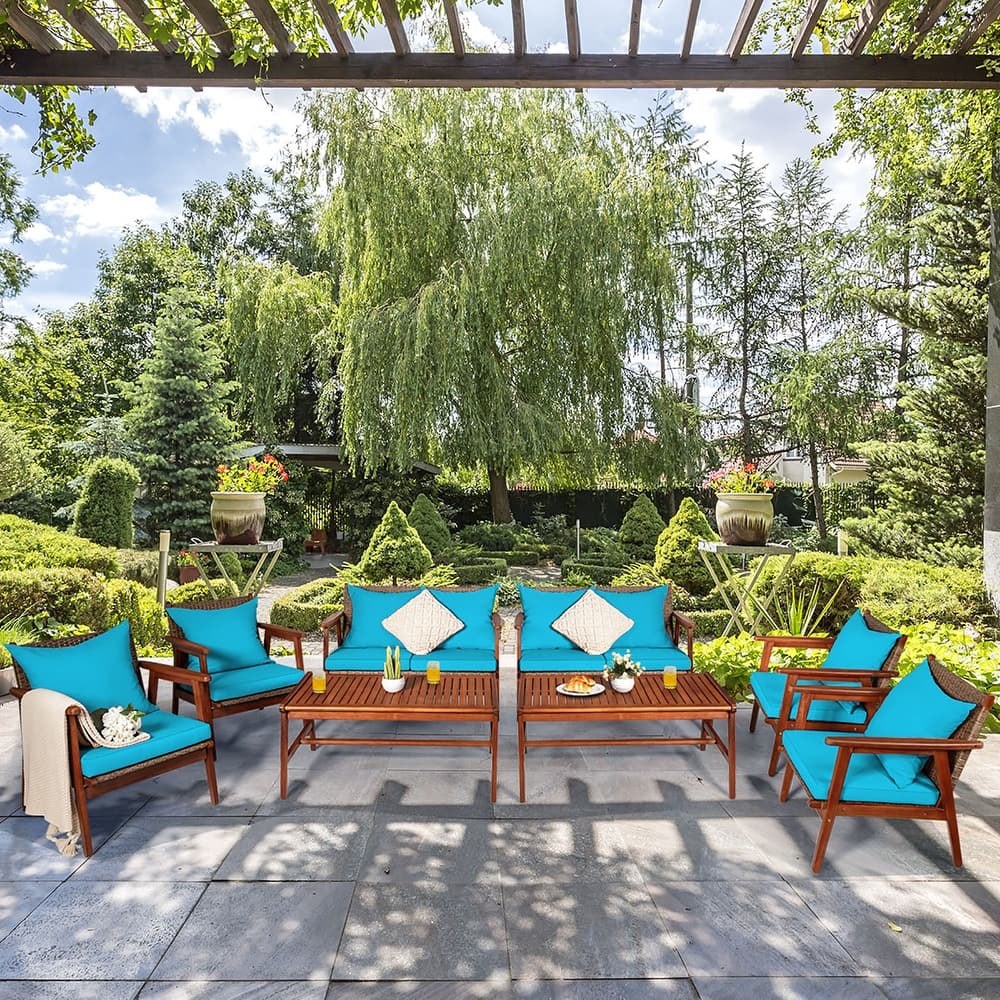 Costway 8PCS Patio Rattan Furniture Set Acacia Wood Frame Cushioned