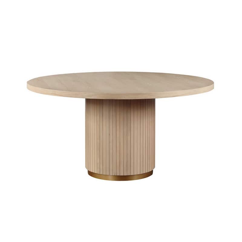 Emi 59 Inch Dining Table, Round Top and Pedestal Base, Rustic Brown, Gold