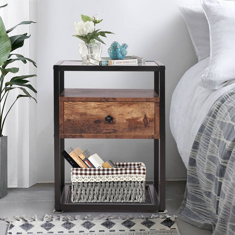 VECELO Modern Square Nightstands Set of 2 with Tempered Glass Top