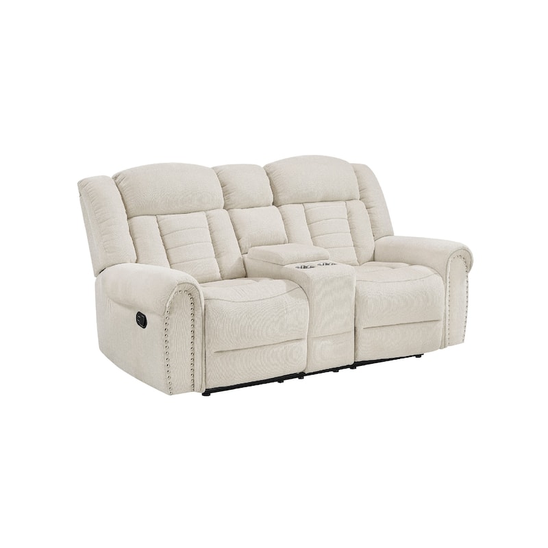 Reo Double Manual Reclining Loveseat with Console, Beige Chenille