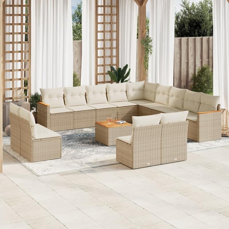 vidaXL Patio Sofa Set with Cushions Outdoor Conversation Furniture Poly Rattan - 24.4 x 24.4 x 27.2 in - Beige with table