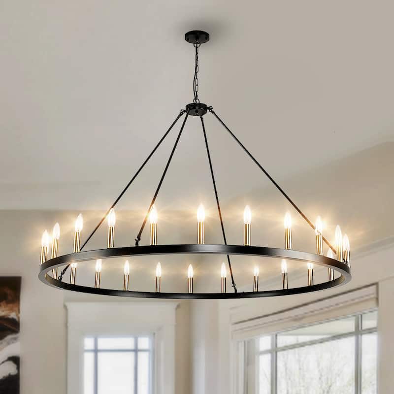 24-Light Modern Farmhouse Light Wagon Wheel Chandelier 54 Inch. - Black+Bronze