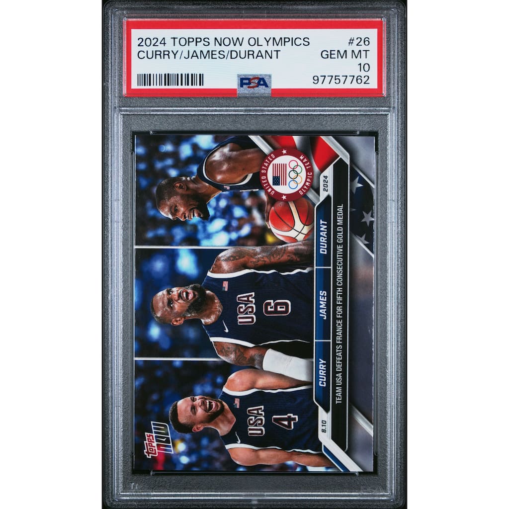 Stephen Curry LeBron James Kevin Durant 2024 Topps Now Olympics USA Gold Medal Basketball Card #26 Graded PSA 10 - 8'6" x 11'6"