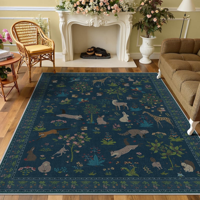 Mcow Woodland Friends Animal Print Low-Pile Machine-Washable Area Rug - Dark Blue - 8' x 10' - Rectangle