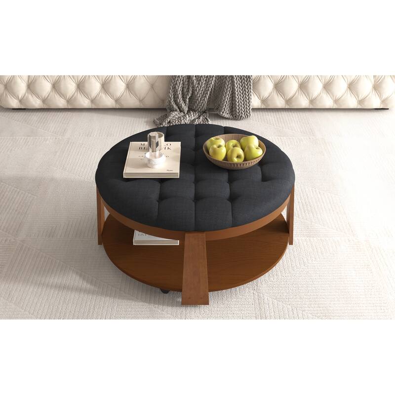 Coffee Table 2-Tier Button Tufted Ottoman with Wood Shelf,Upholstered Coffee Table,Footrest Ottoman with wheel,waterproof Linen