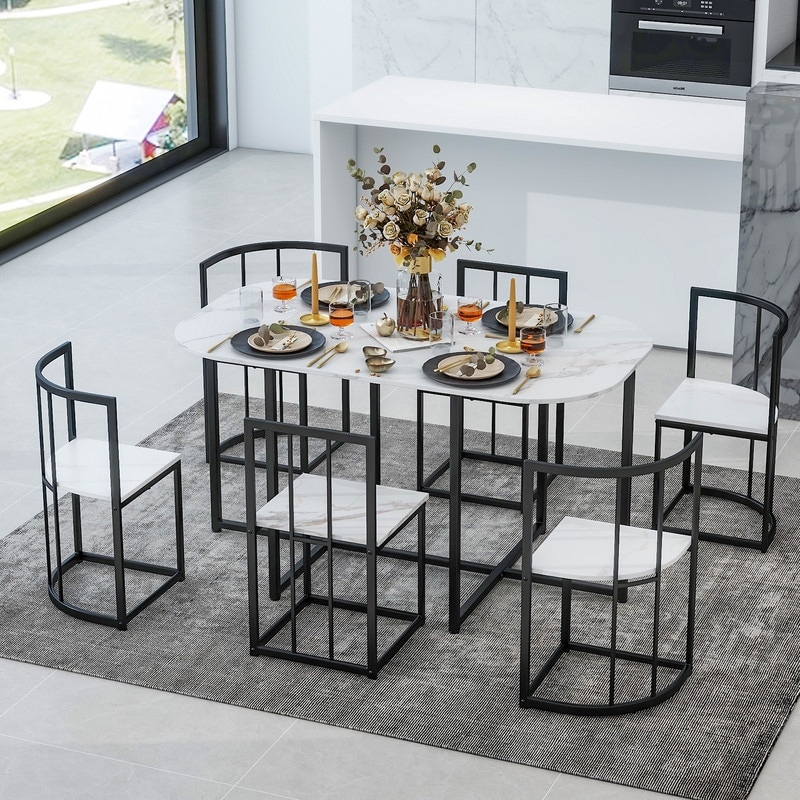 Faux marble dining table store with 6 chairs