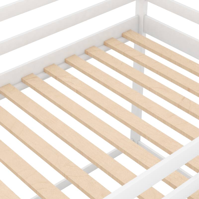 Twin Over Twin Size Low Bunk Platform Bed Frame with House Frame and Ladder, Safe and Stylish Kids Bed, Bedroom Furniture