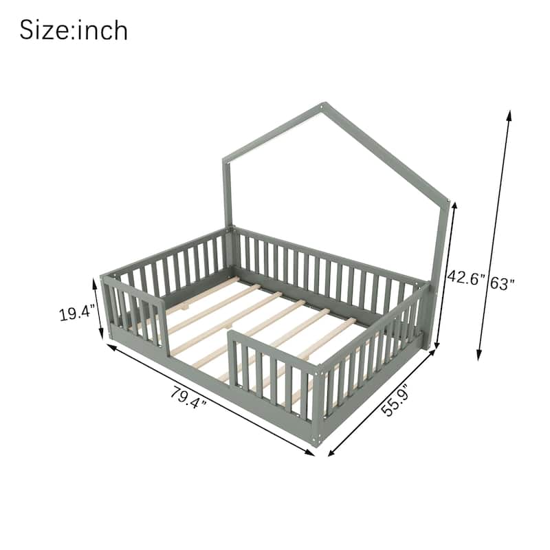 Full Floor Bed with High Rails, Wooden Montessori Bed with Light for Kids, Boys and Girls