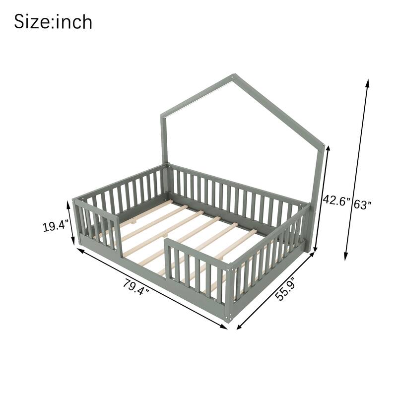 Wooden Floor Bed House-shaped Frame, Montessori Floor Bed with Light and High Rails, Wood Slat Support Floor Daybed