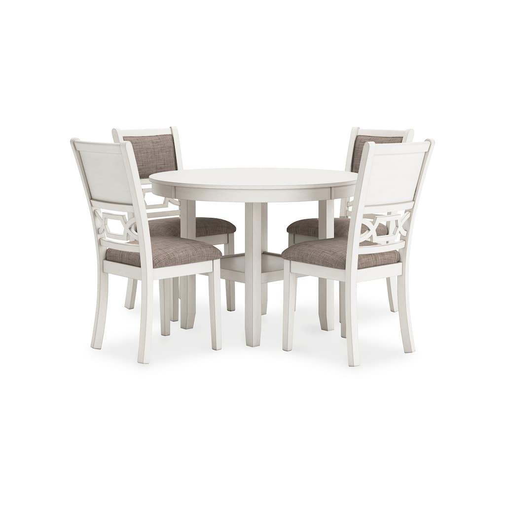 Berg 5pc Round Dining Table Set, Gray White Wood, 4 Padded Chairs