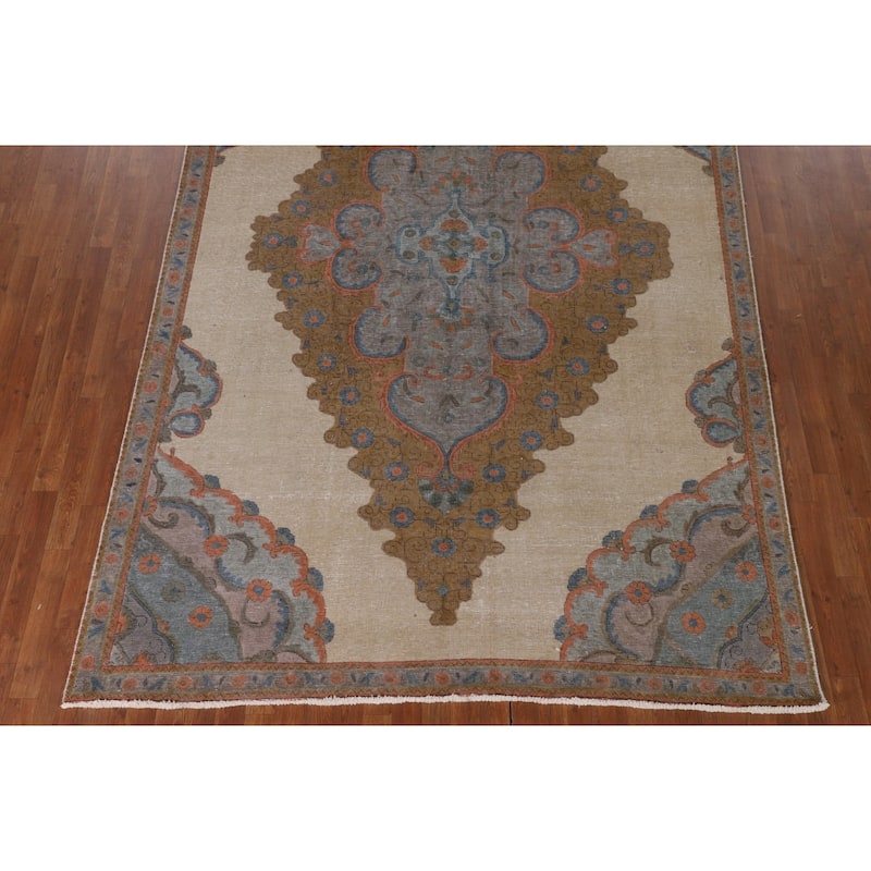 Distressed Tabriz Persian Antique Rug Hand-Knotted Wool Carpet - 7'1" x 10'11"