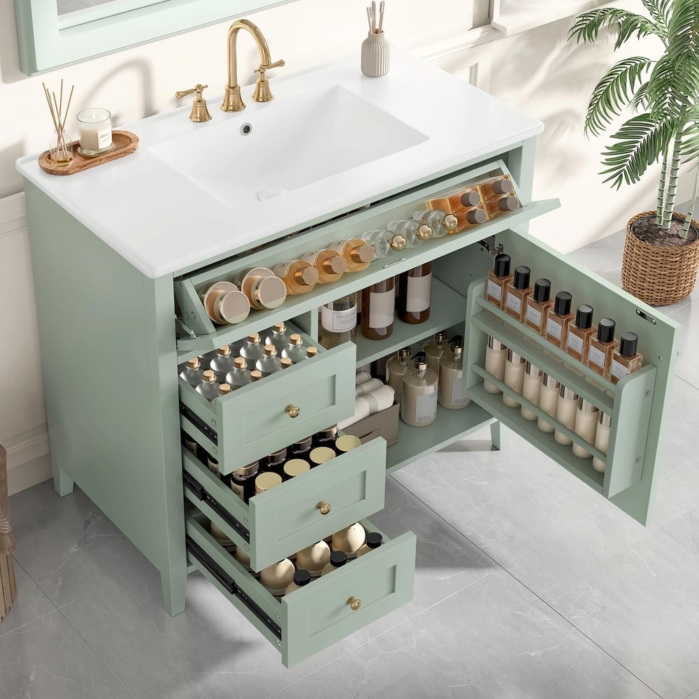 Bathroom Vanity with Sink, Modern MDF and Rubberwood Cabinet with 3 Drawers and Adjustable Shelf