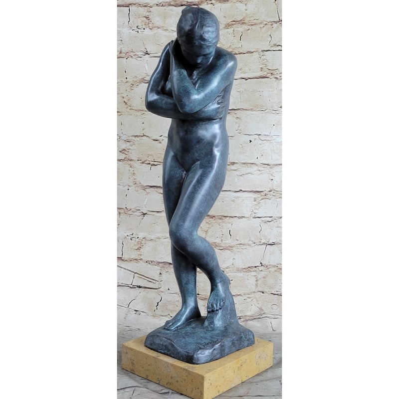 Eve By Auguste Rodin 1880 Bronze Statue Sculpture Replica Green Patina On Tan Marble Base