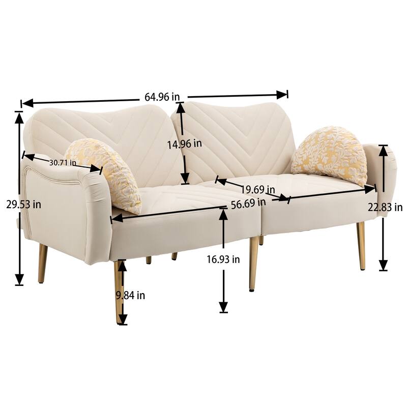 Velvet Loveseat Sleeper Sofa w/ Adjsutable Back & Printed Pillows Bed
