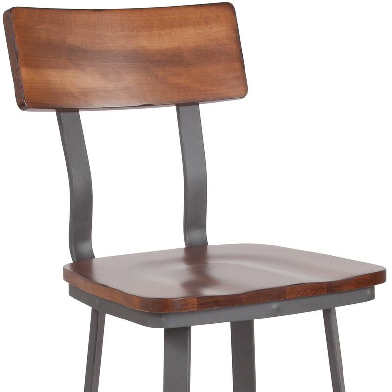 Rustic Walnut Restaurant Barstool with Wood Seat & Back & Gray Powder Coat Frame - 16.25"W x 22.75"D x 45"H