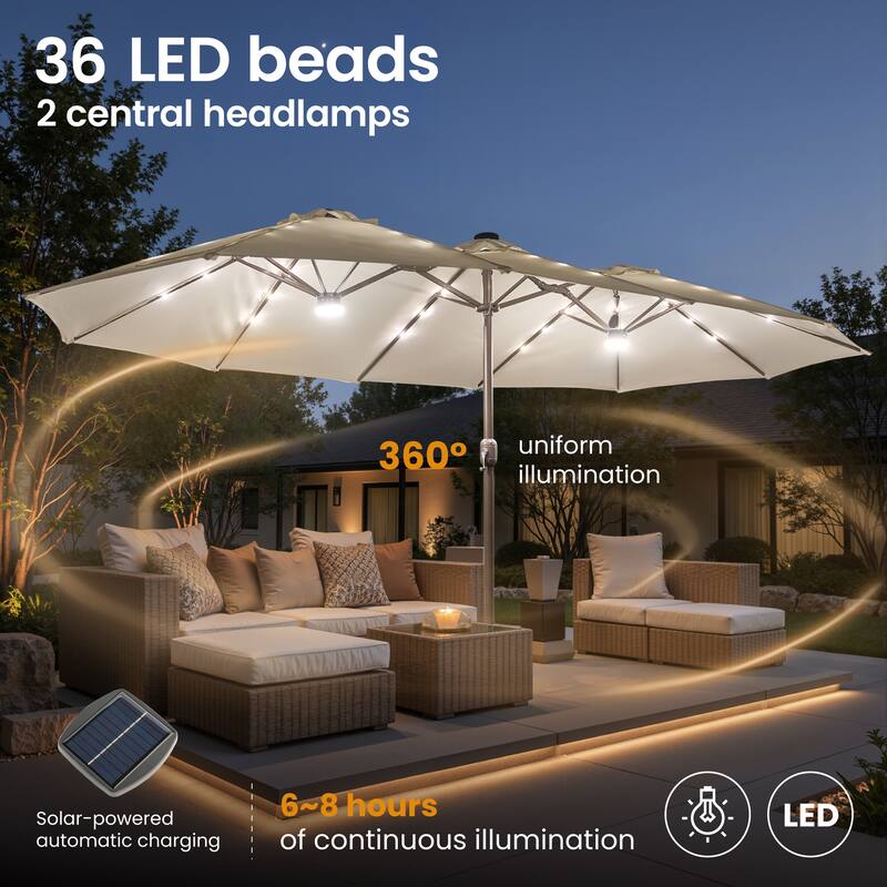 ​OVIOS 15ft Double-Sided Patio Outdoor Umbrella with Crank & Light