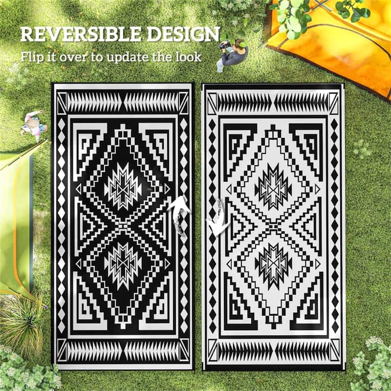 Reversible Outdoor Rug Square Patchwork, UV-Protected Foldable Polypropylene Mat with Carry Bag - : 215.7" L × 107.9" W