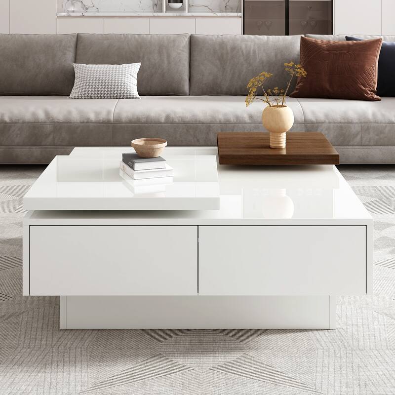 Movable Top Coffee Tables, Wood Square Center Table, High Gloss Cocktail Table with 4 Storage Drawers for Living Room