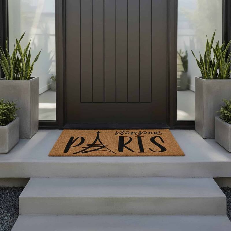 Sheltered Coconut Door Mat Printed Bonjour Paris 30x18 Natural - 31 L X 18 W x 5/8 H